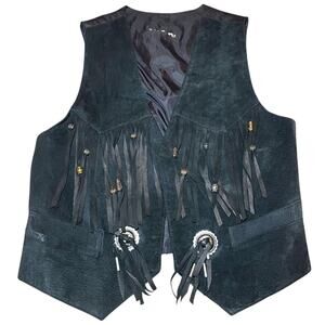 Vintage Black Suede Fringe Western Vest Concho Beaded Cowboy Biker Unisex Small